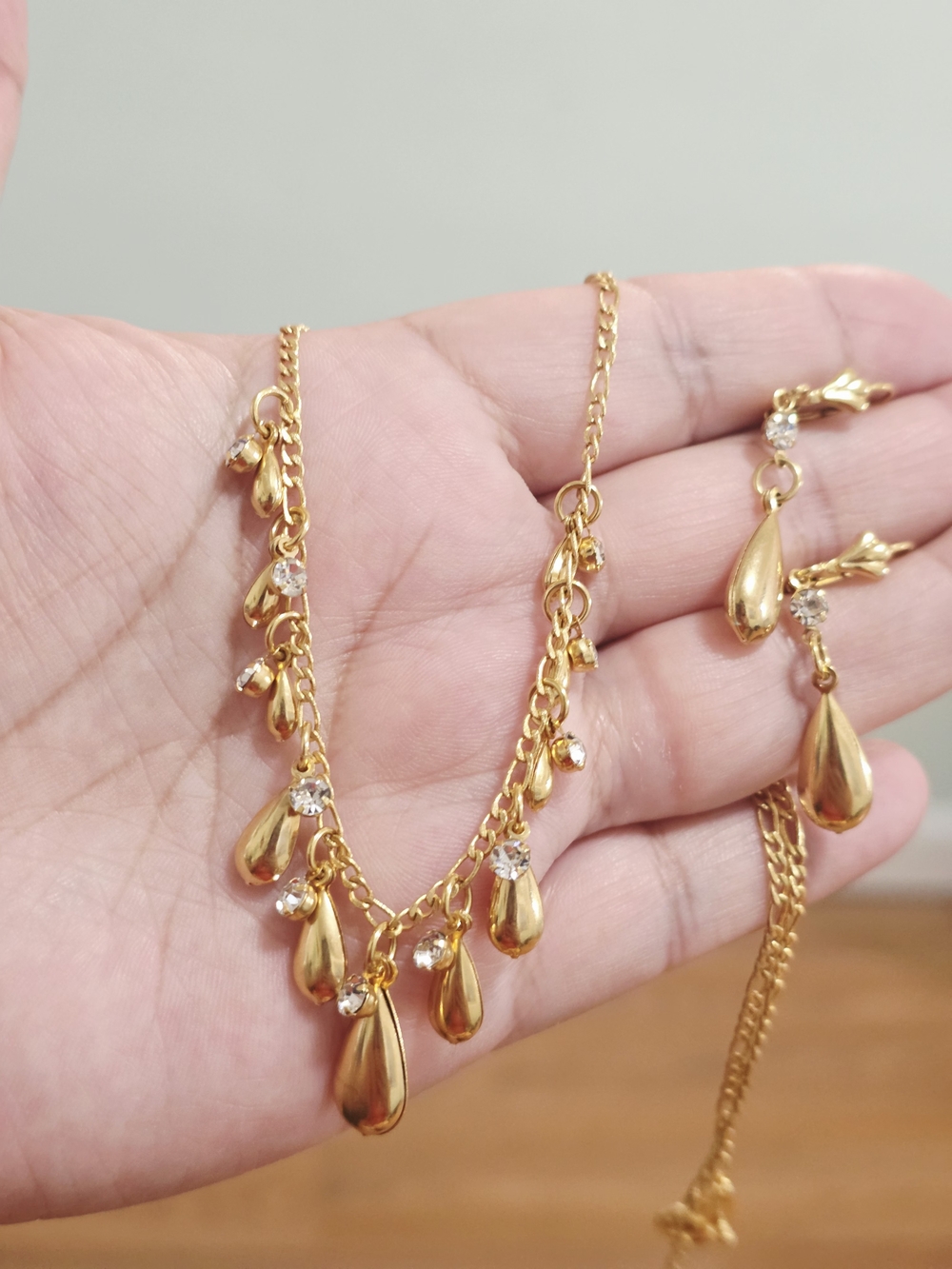 Gold Teardrop Charm Necklace with Clear Crystal Accents